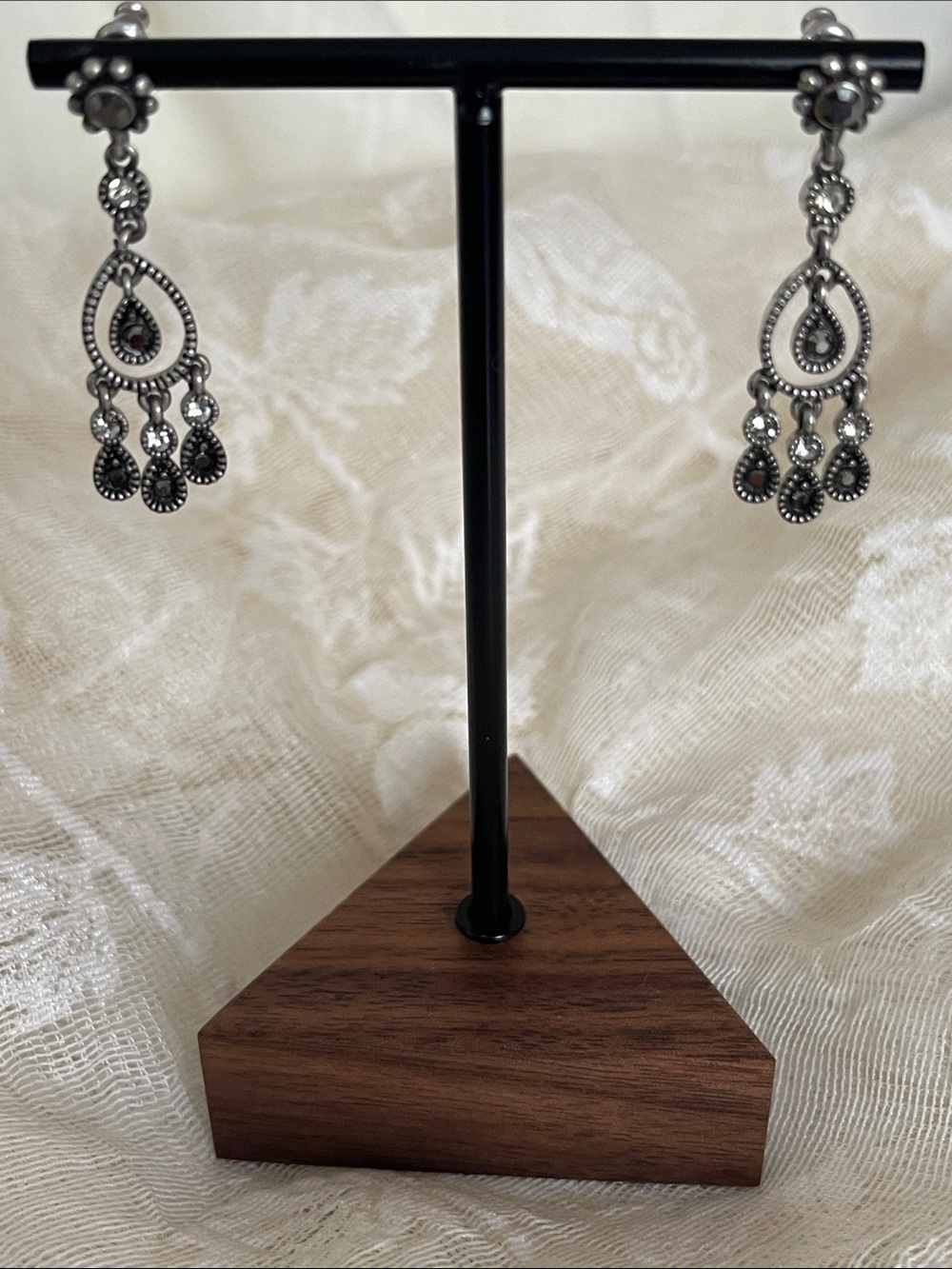Antique Silver Toned Teardrop Chandelier Earrings